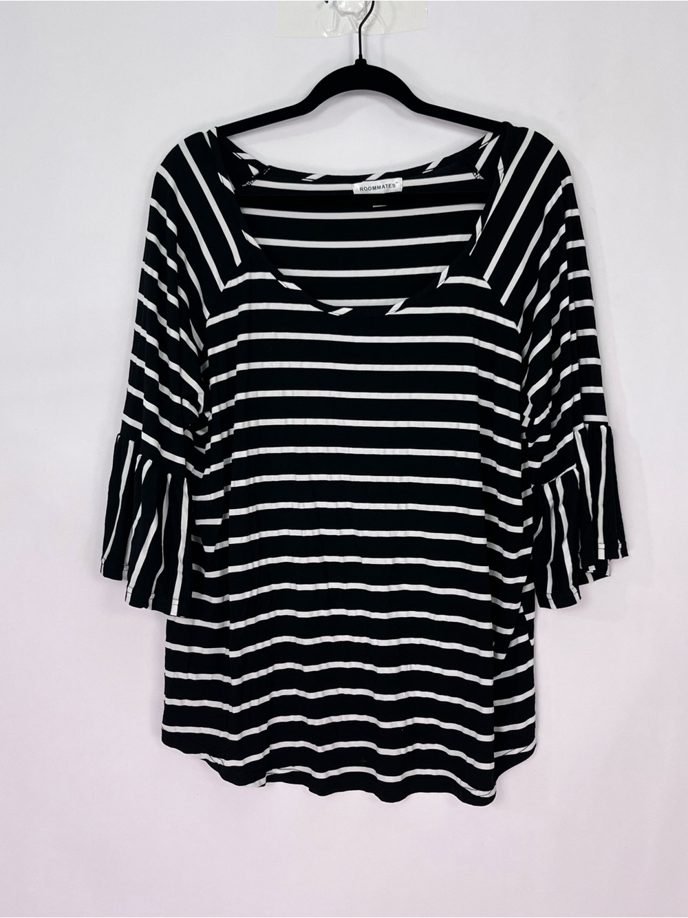 Roommates Black White Striped Scoop Neck 3/4 Flare Ruffle Sleeves Blouse Sz 2X